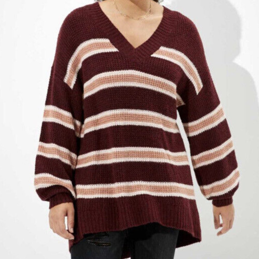 American Eagle Oversized Waffle Knit Stripe Sweater Cozy V Neck Red Size L/G